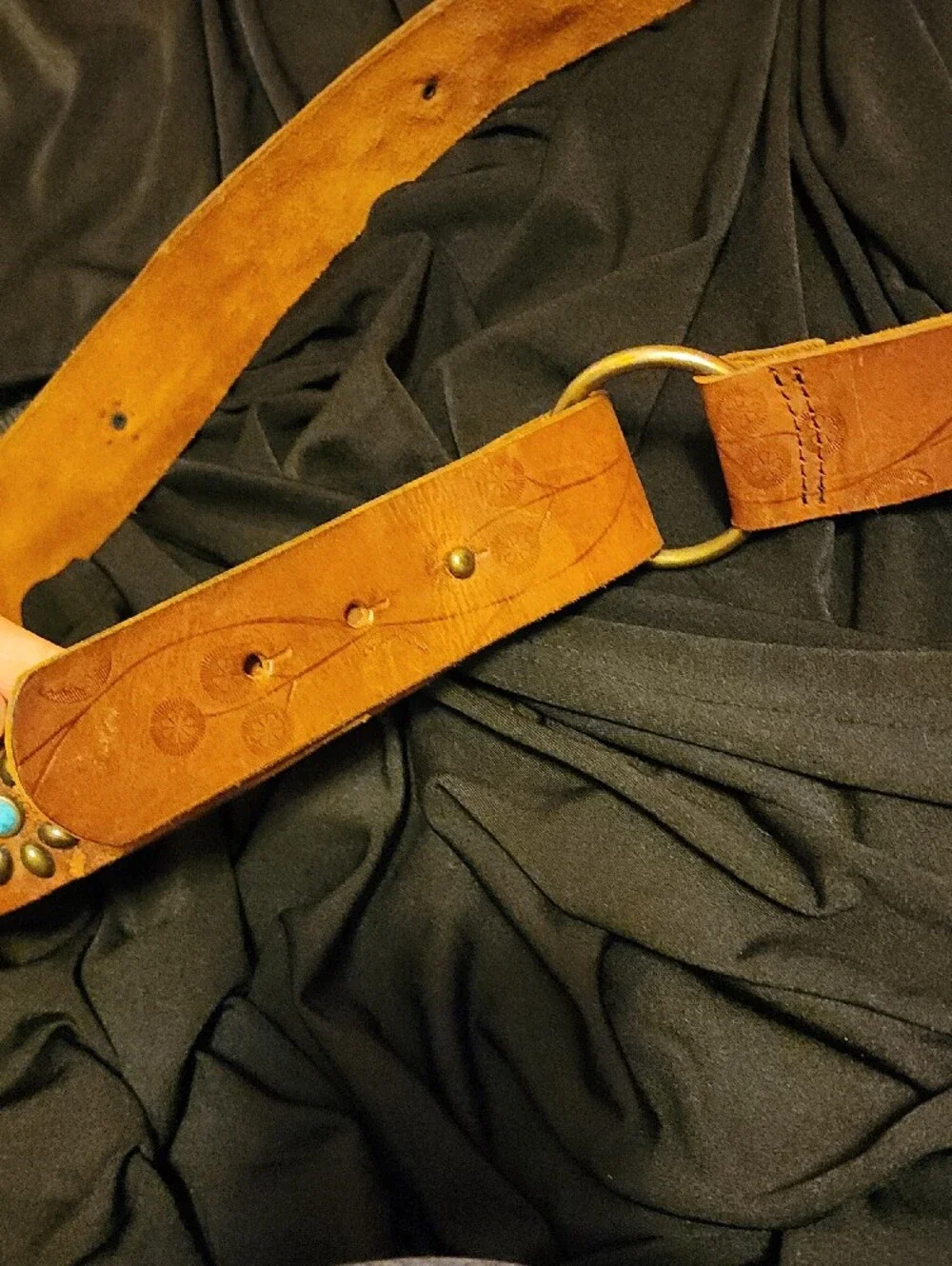 Women's Brown Leather Studded Belt with Turquoise Accents